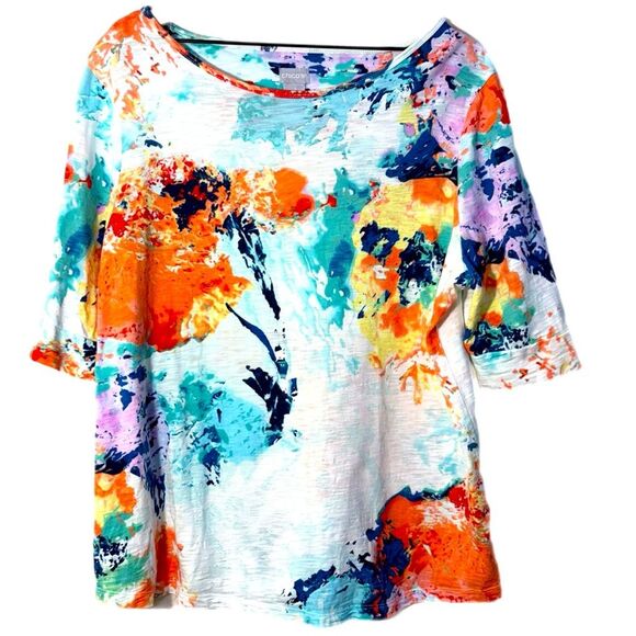 Chico's Water Color Top Orange Blue Yellow Purple Women’s 3 / XL  3/4Sleeve. - Picture 1 of 10